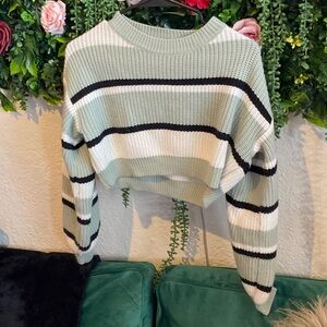 Striped Cropped Knit Sweater in Sage and White